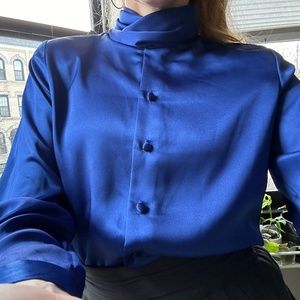 Weathervane Petites Blue Blouse with Fancy Turtleneck Design